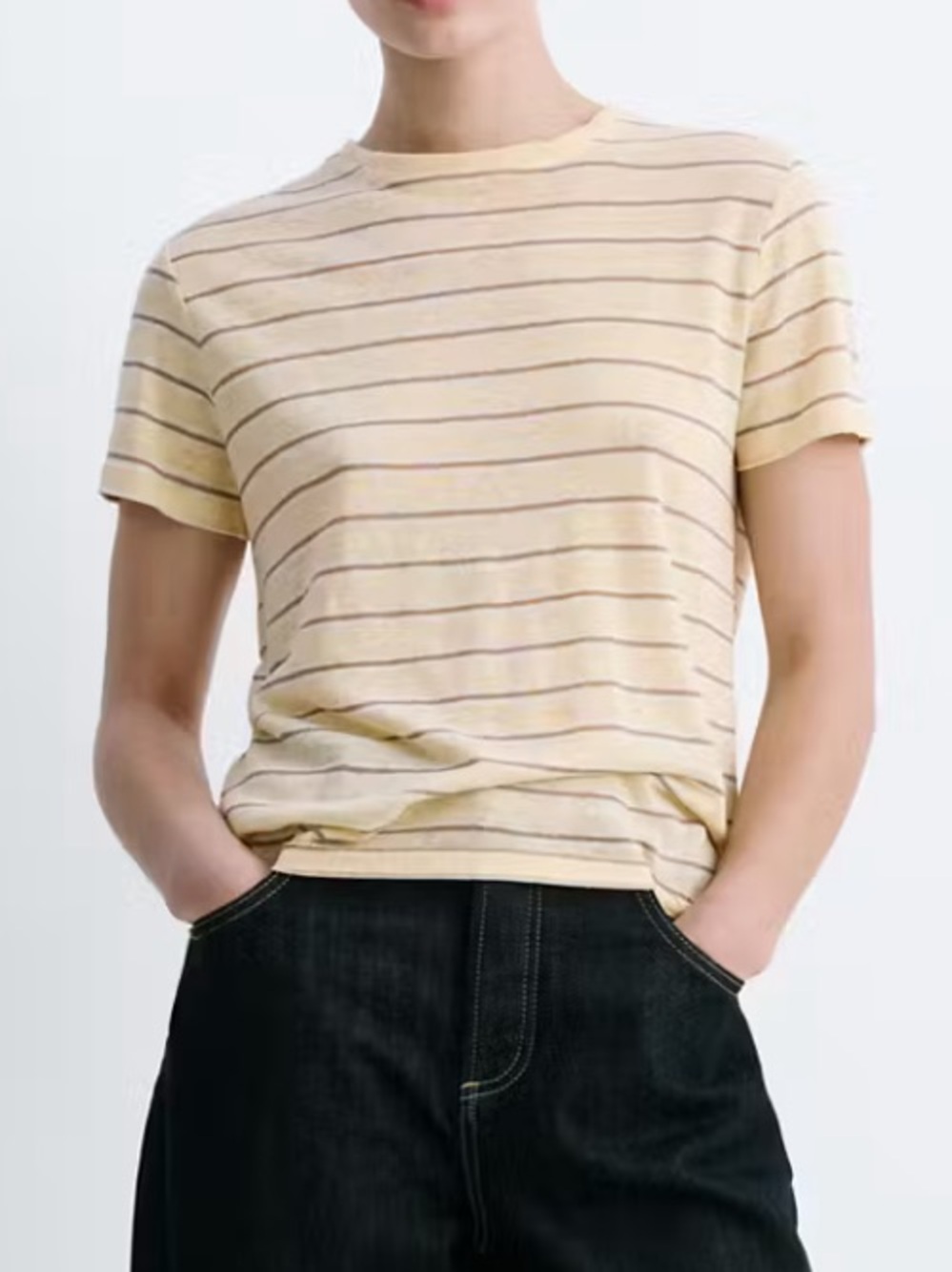 Mango Linen Striped Short Sleeve Tee in Light Yellow and Brown